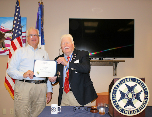 Chapter President Gervais Compton presented Jim Smilie, our guest speaker and a prospective member, with a Certificate of Appreciation and a LASSAR mug for his presentation on John Smilie, his Patriot Ancestor.