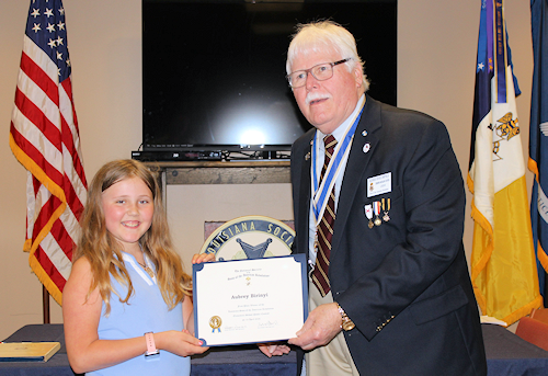 Aubrey Birinyi received a Certificate and a check from the LASSAR for winning the Americanism Poster Contest at the LASSAR Board of Directors Meeting on 13 April 2024. Her poster was sent to NSSAR to be judged at the Annual Congress.