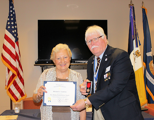 Diane Lawton received the SAR Fire Safety Award on behalf of her husband Michael J. Lawton, who passed away in 2006. Michael was a founding member of the Holiday Village Fire Department, serving as president for 18 years, and remained an active member of the department throughout his life.