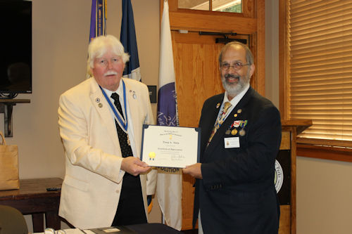 Guest Speaker Tony Vets gave a presentation on the founding of Fort Boonesborough, KY, by Daniel Boone and Richard Henderson in April 1775. Two of Vets' Patriot Ancestors, Thomas Phelps and his daughter Lucy, were defenders of the fort during an eleven-day siege from the Shawnee and British Canadian troops in September 1778. President Gervais Compton presented Vets with a Certificate of Appreciation for his talk.