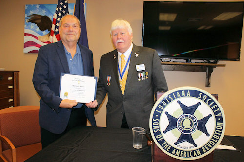 At Forts Buhlow & Randolph Visitors Center, Michael Wynne talked about Alexander Fulton, the founder of the Town of Alexandria, LA. President Compton presented him with a Certificate of Appreciation.